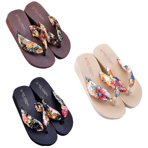 Bohemia Floral Beach Sandals Wedge Platform Thongs