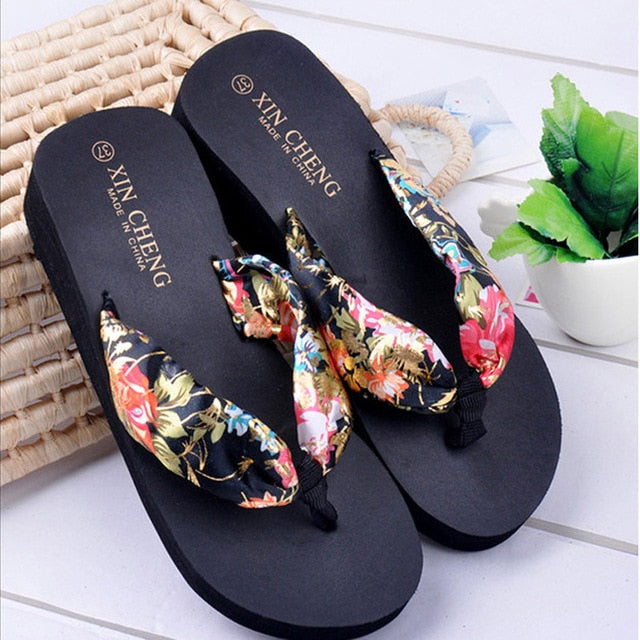 Bohemia Floral Beach Sandals Wedge Platform Thongs