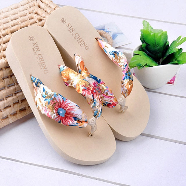 Bohemia Floral Beach Sandals Wedge Platform Thongs