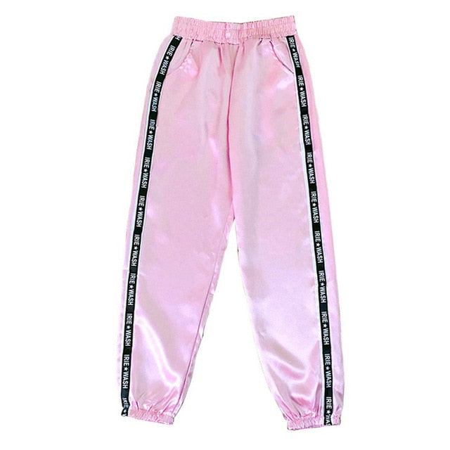 SFIT Big Pocket Satin Highlight Harem Pants Women Glossy Sport Ribbon Trousers BF Harajuku Joggers Women's Sports Pants