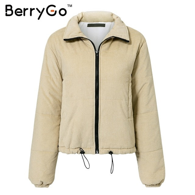 BerryGo Casual corduroy thick parka overcoat Winter warm fashion outerwear coats Women 2019 khaki streetwear jacket coat female