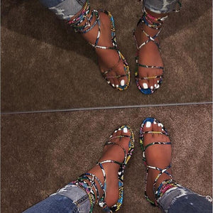 Free send 2019 new fashion women slippers summer sexy snake cross bandage flat bottom ladies sandals