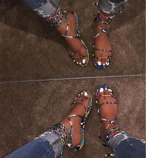 Free send 2019 new fashion women slippers summer sexy snake cross bandage flat bottom ladies sandals